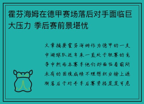 霍芬海姆在德甲赛场落后对手面临巨大压力 季后赛前景堪忧