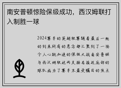 南安普顿惊险保级成功,西汉姆联打入制胜一球
