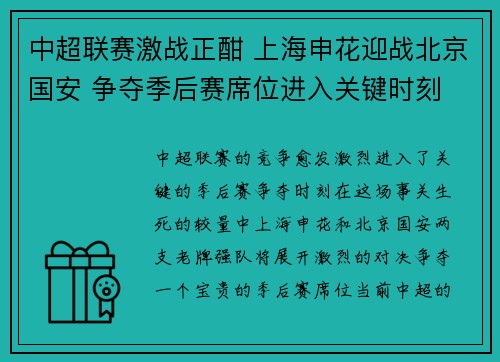 中超联赛激战正酣 上海申花迎战北京国安 争夺季后赛席位进入关键时刻