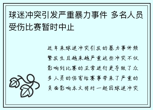 球迷冲突引发严重暴力事件 多名人员受伤比赛暂时中止